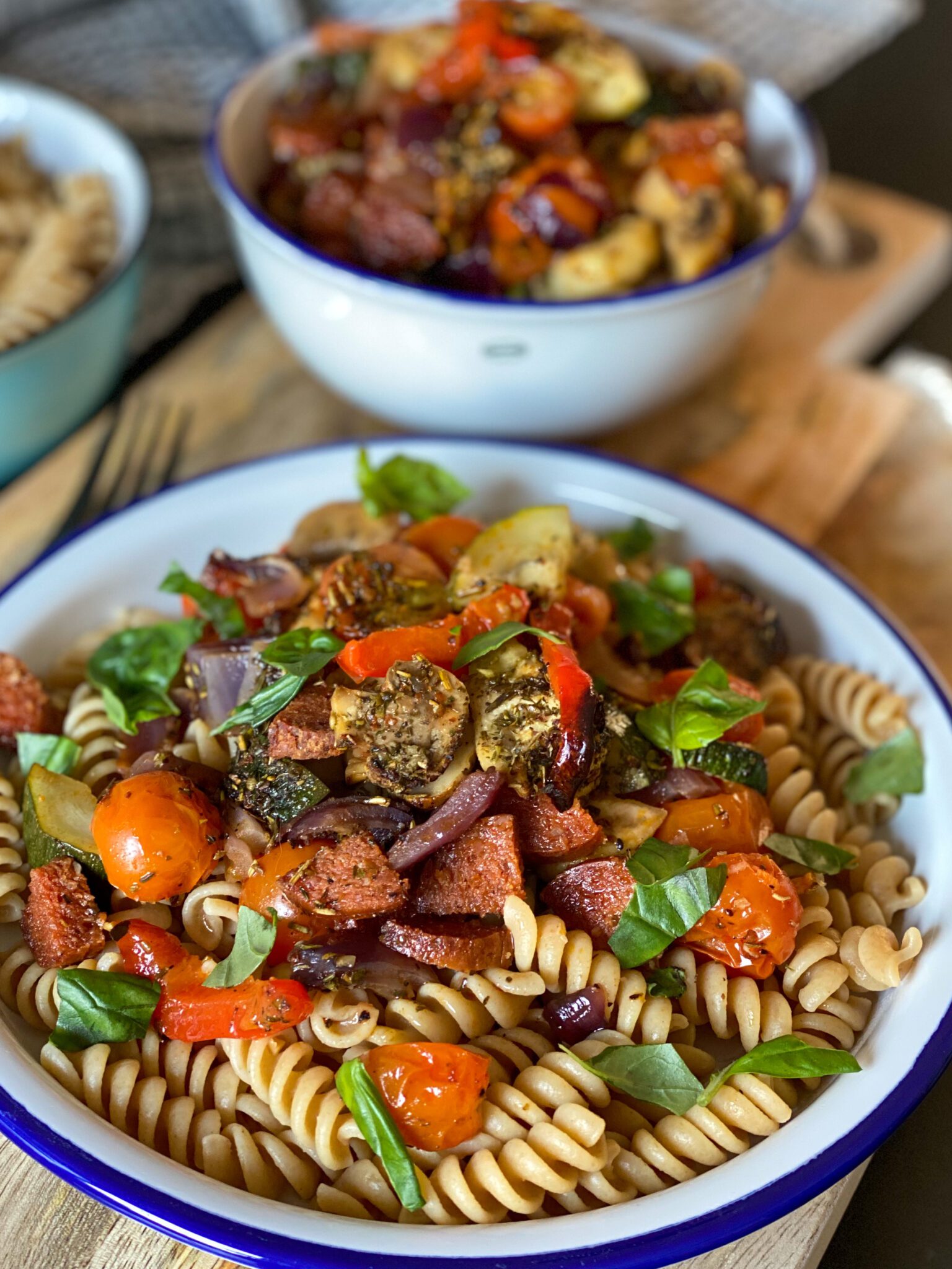 Pasta Met Geroosterde Groenten En Chorizo Familie Over De Kook