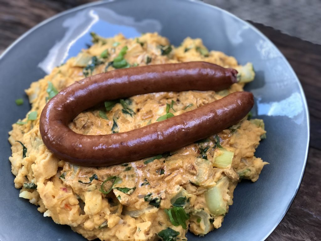 paksoi stamppot met kaas en rookworst