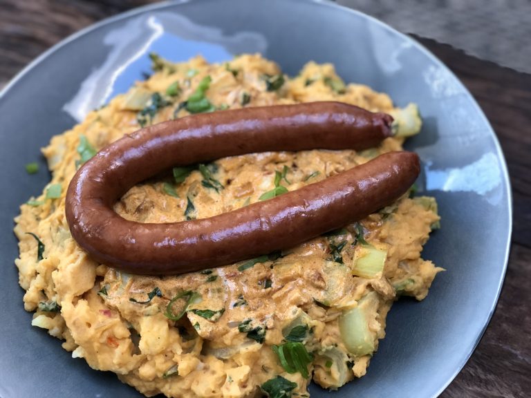 paksoi stamppot met kaas en rookworst