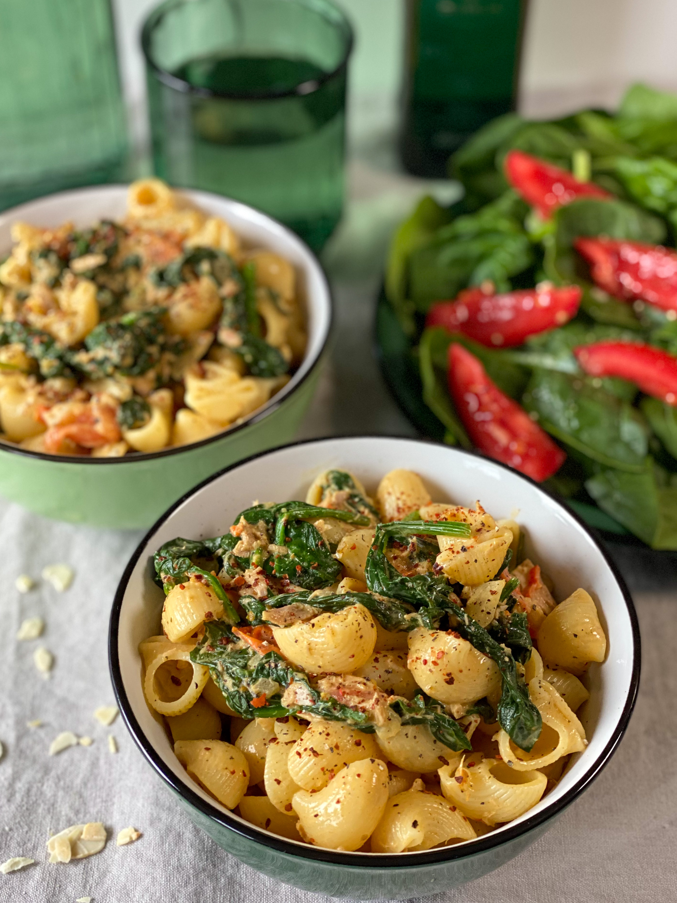 pasta met tonijn en spinazie