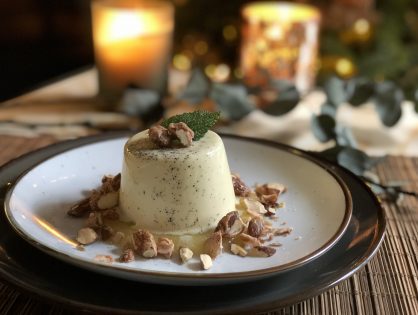 panna cotta met appelmoes en krokante amandelen