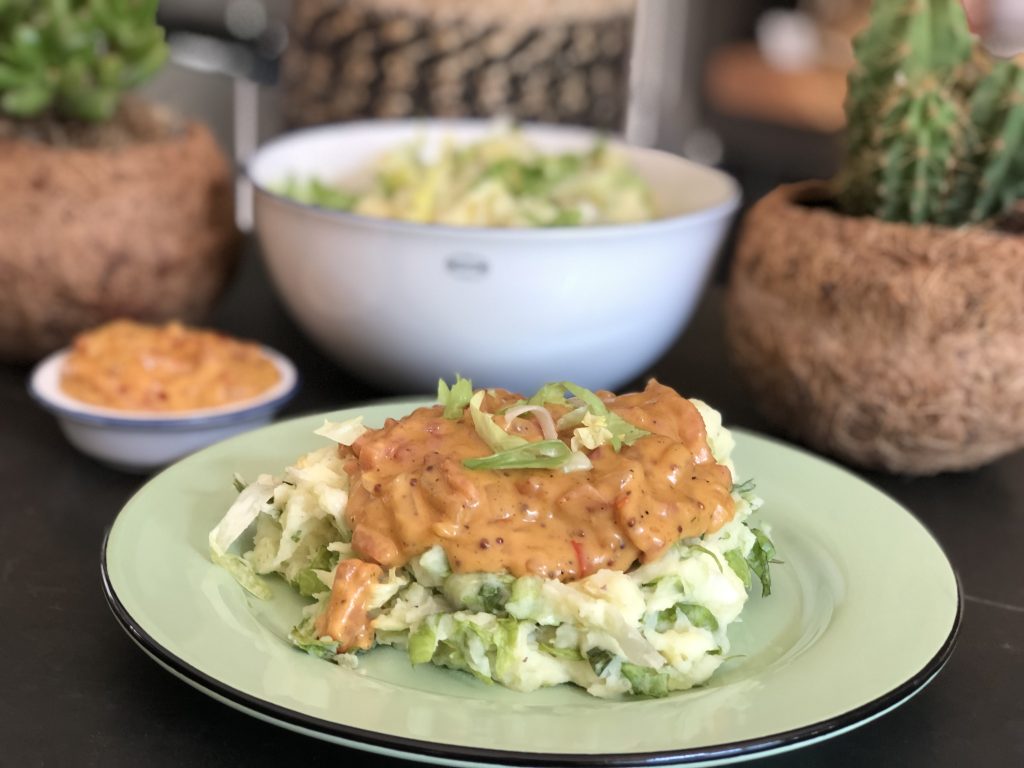 andijviestamppot met spekjes in mosterdroomsaus