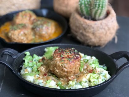 andijviestamppot met gehaktballen in mosterdjus