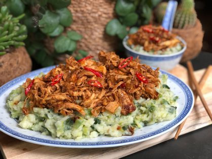 prei stamppot met pulled kip in ketjap saus - makkelijk en smaakvol recept