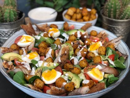 salade met makreel, krieltjes en frisse fetakaas yohurtdressing