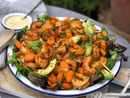 salade met honing knoflook gamba's