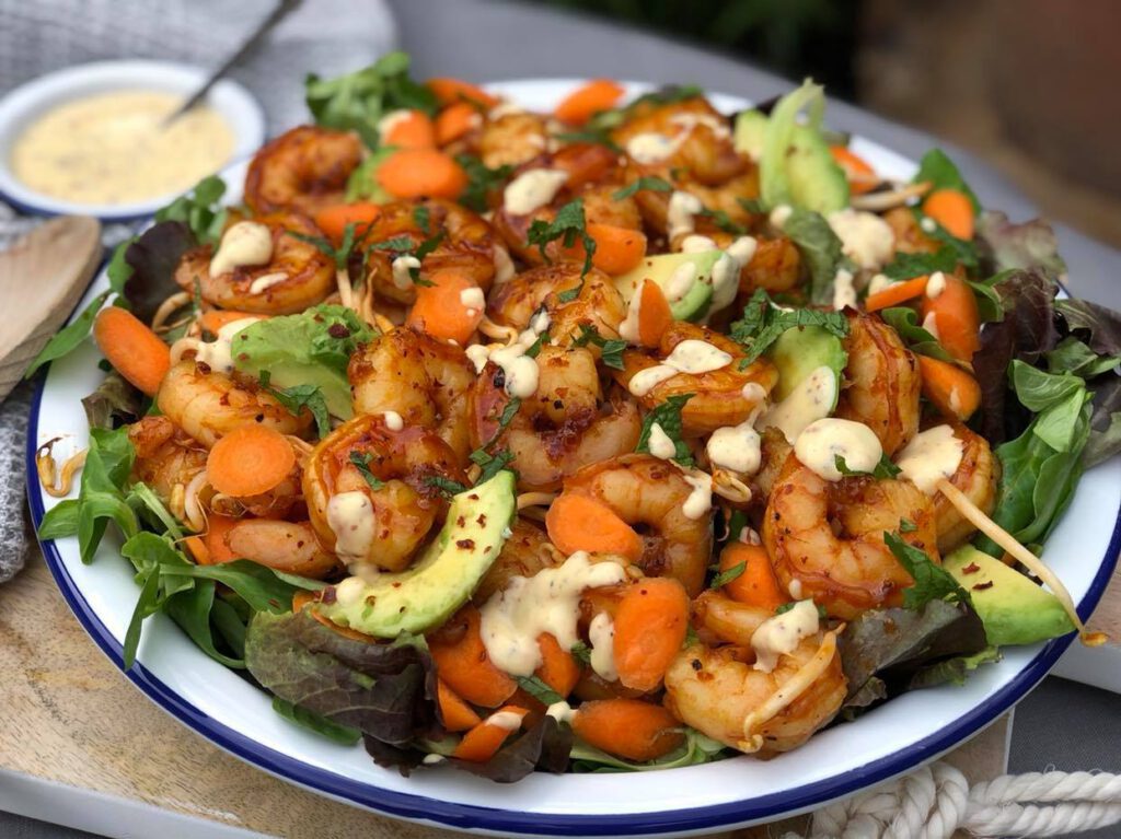 salade met honing - knoflook gamba's 