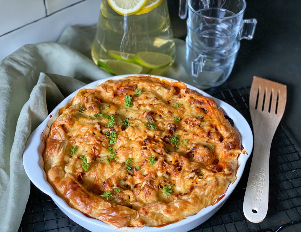 hartige taart met wokgroente en kip shoarma