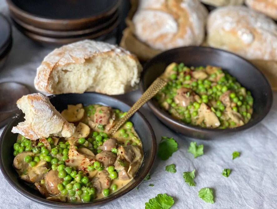 oesterzwammen stoof met doperwten