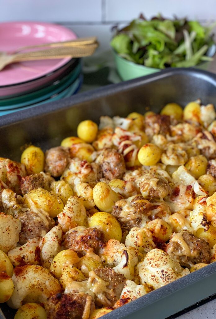 krieltjes ovenschotel met bloemkool en verse worst