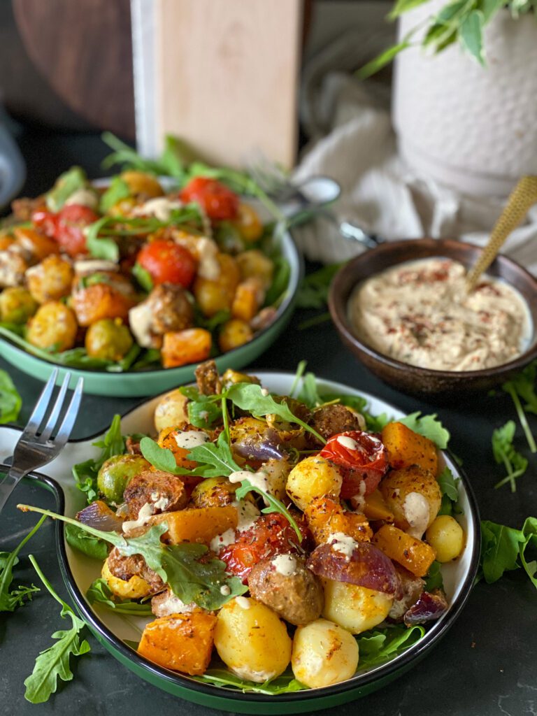 krieltjes met pompoen en spruitjes uit de oven