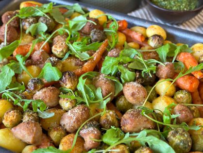 Traybake met spruitjes en wortel