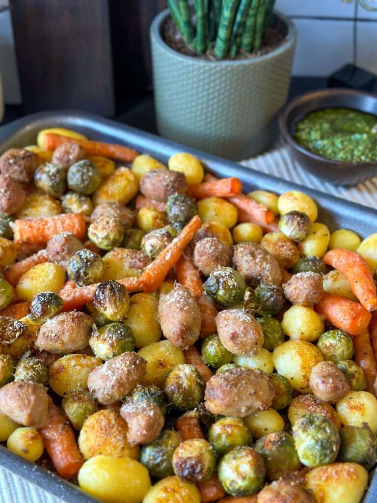 krieltjes traybake met spruitjes en wortel