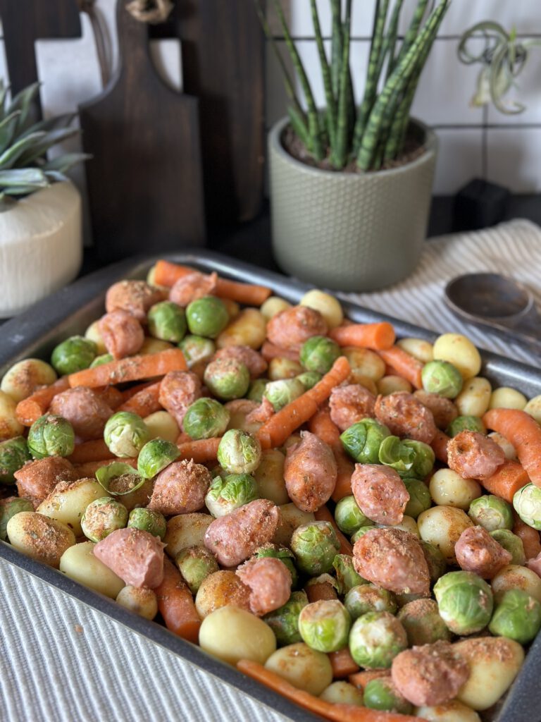 krieltjes traybake met spruitjes en wortel