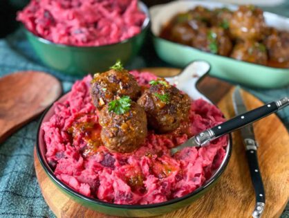 bietenstamppot met pittige gehaktballetjes