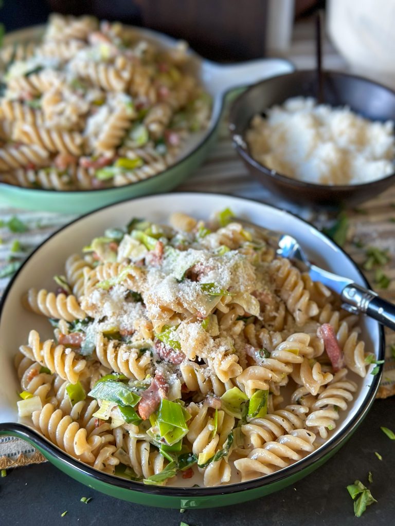 pasta met prei en spekjes 