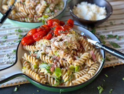 pasta met prei en spekjes