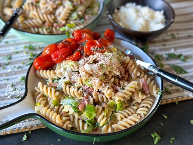 pasta met prei en spekjes