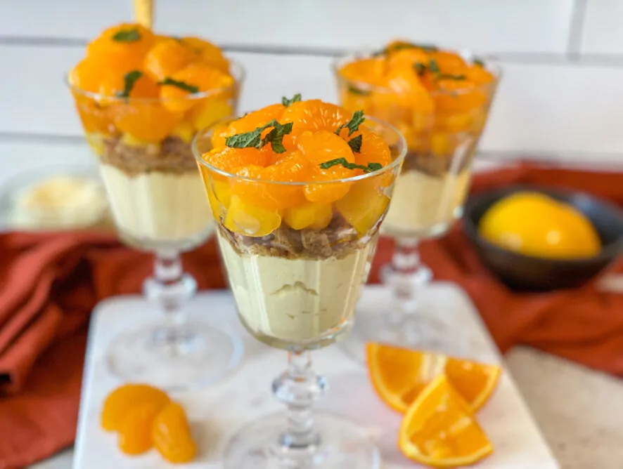 trifle met perzik en mandarijn