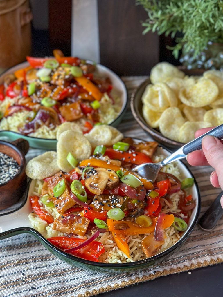 zoet zure kip met rijst en groenten