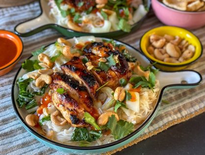 limoen kip met noedels en chilisaus dip