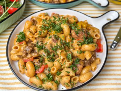 Romige fajita pasta met kip, kruidige Tex-Mex avondmaaltijd