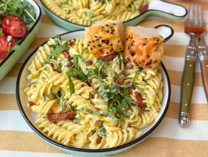 snelle en makkelijke pasta met Boursin, prei en spekjes