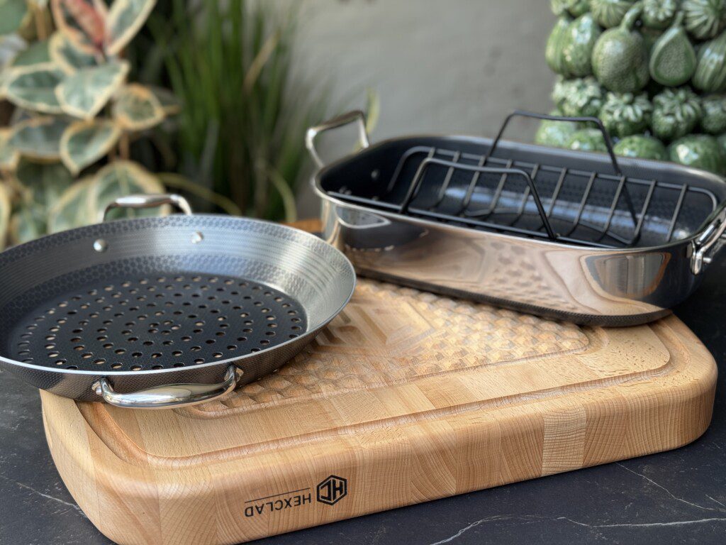 HexClad snijplank, bbq pan en ovenschaal met rekje