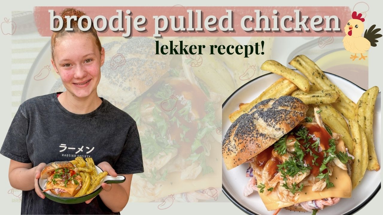 pulled chicken broodje, meisje houdt bord vast met broodje, chedder, en friet.