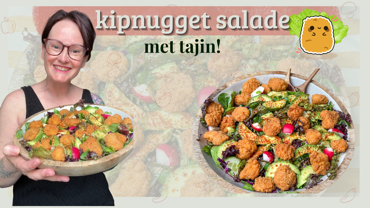 salade met kipnuggets, avocado en een frisse dressing, makkelijk recept van Familie over de Kook