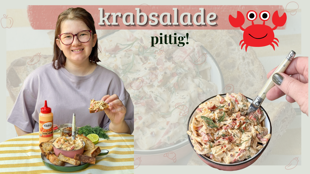 Pittige krabsalade recept – Beaudine proeft krabsalade met sriracha mayo op toast, vrolijke sfeer met kom krabsalade en rode krab-illustratie