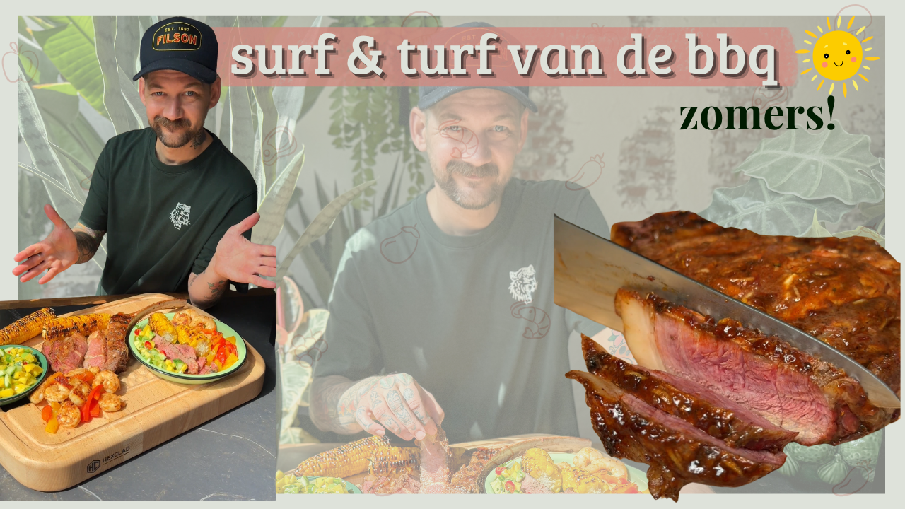 Surf en turf van de BBQ recept – Jan Willem presenteert zomerse BBQ-plank met tomahawk steak, gamba’s, mais en frisse salade, met zonnige sfeer en zon-icoon