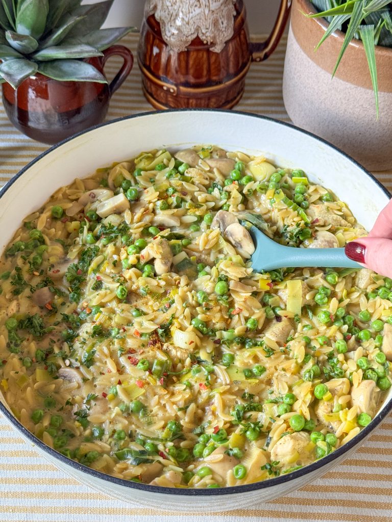 Orzo eenpansmaaltijd met kip en prei in één pan geserveerd