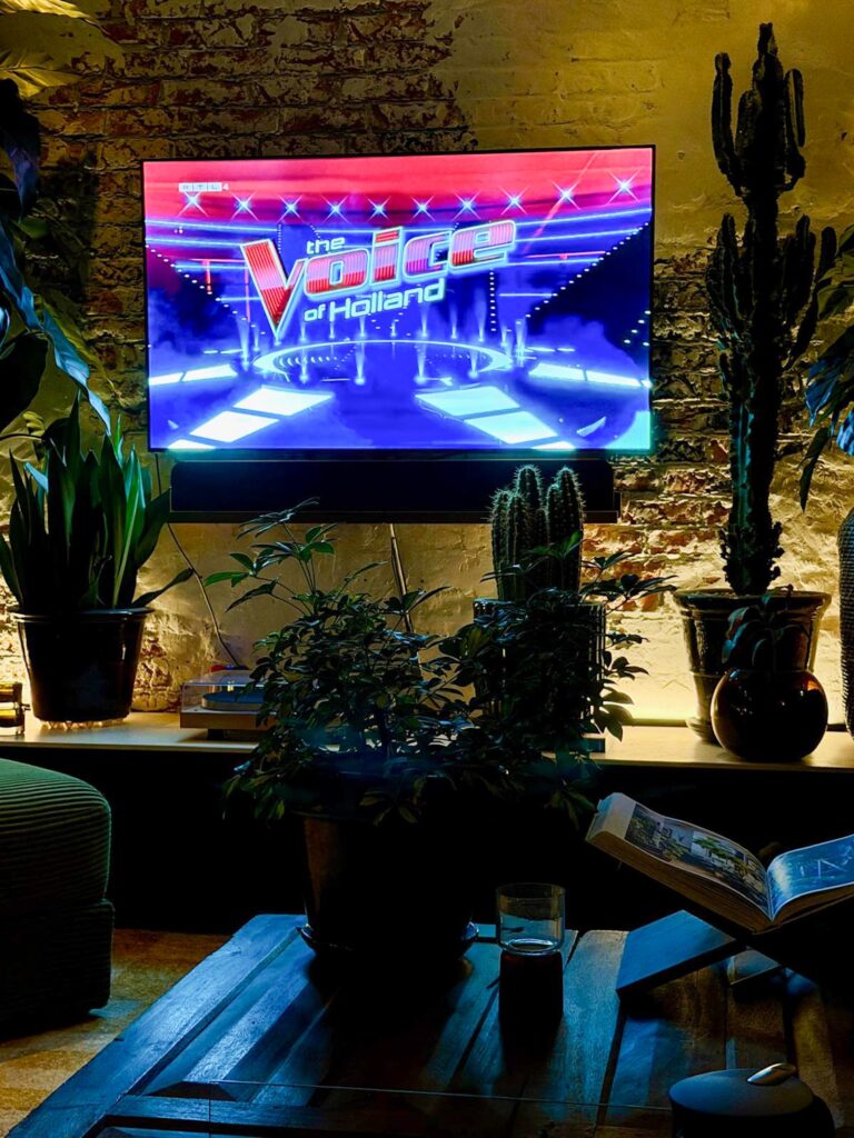 The Voice of Holland op tv in een gezellige woonkamer met planten.
