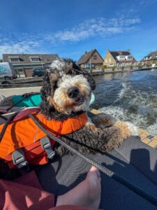 legend geniet op de boot in zijn zwemvest