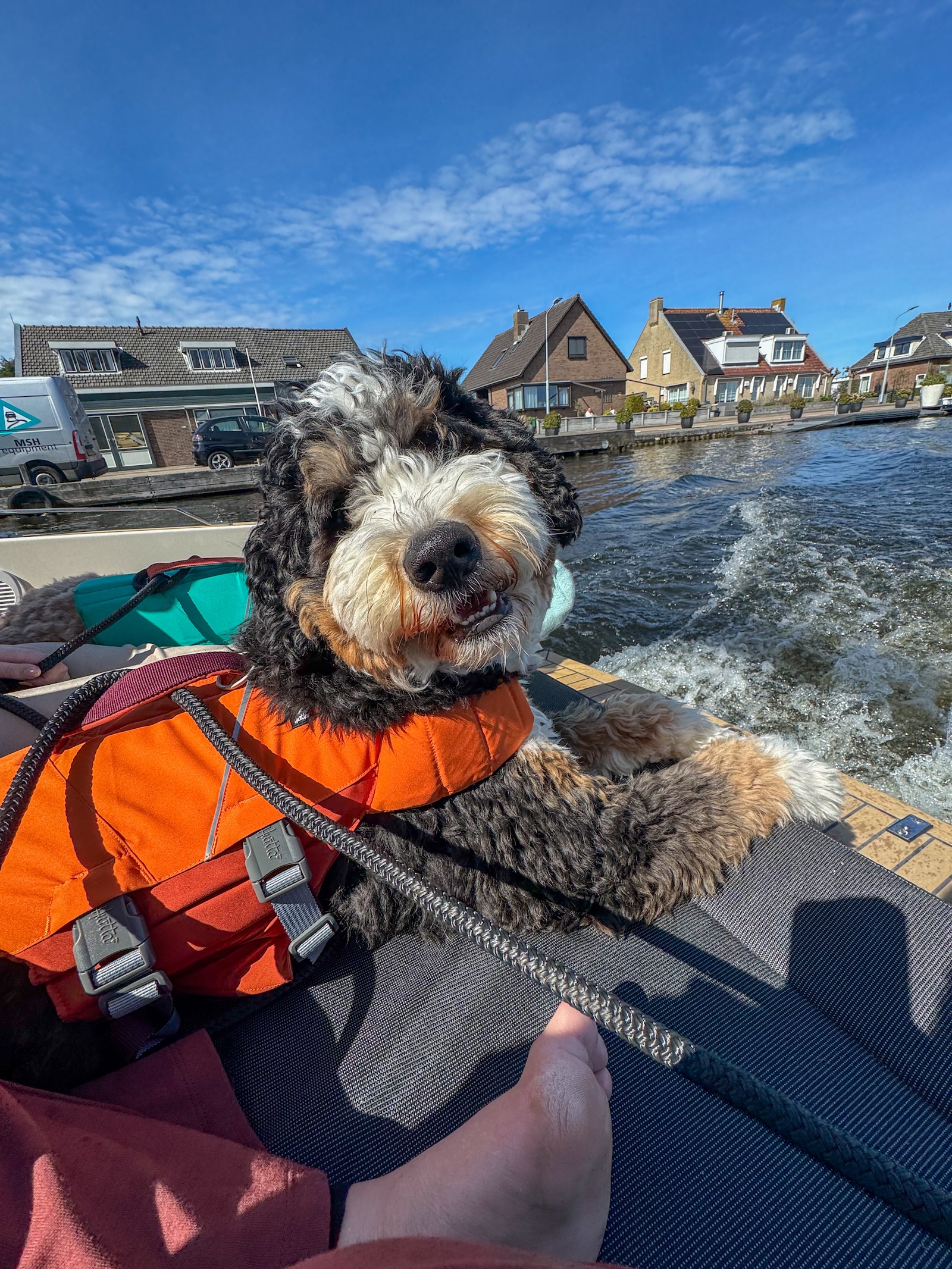 legend geniet op de boot in zijn zwemvest
