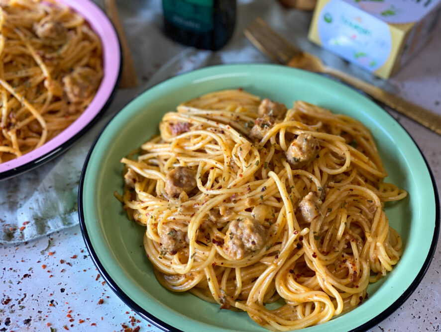 Spaghetti met Boursin en worst