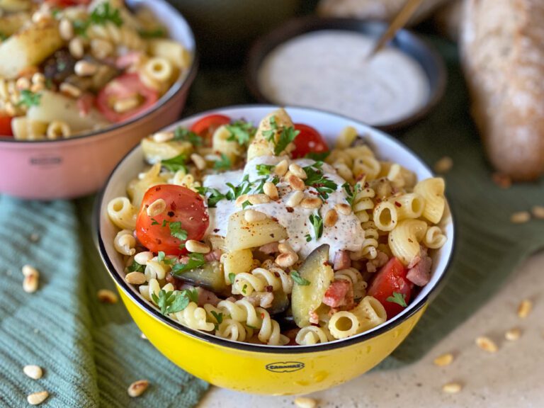 Pastasalade met witte asperges en aubergine pastasalade met witte asperges en aubergine