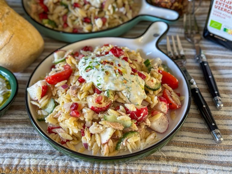 Familie over de Kook weekmenu 31-2024 orzo salade met tonijn en feta