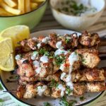 Kipspiesjes met citroen en oregano op de BBQ met yoghurtdip